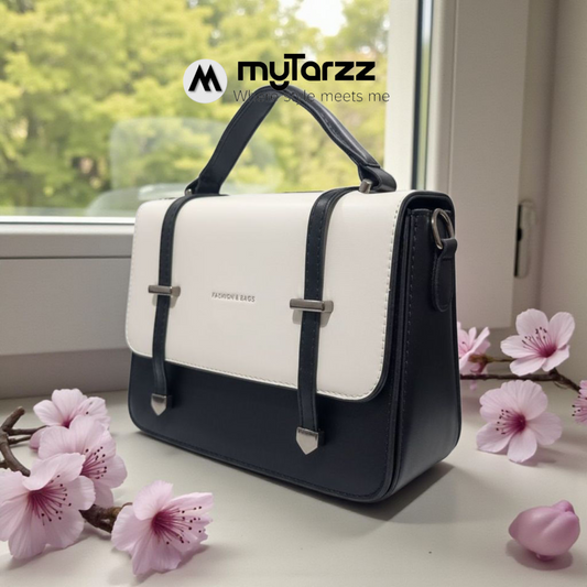 Two-Tone White and Black Faux Leather Satchel - Imported