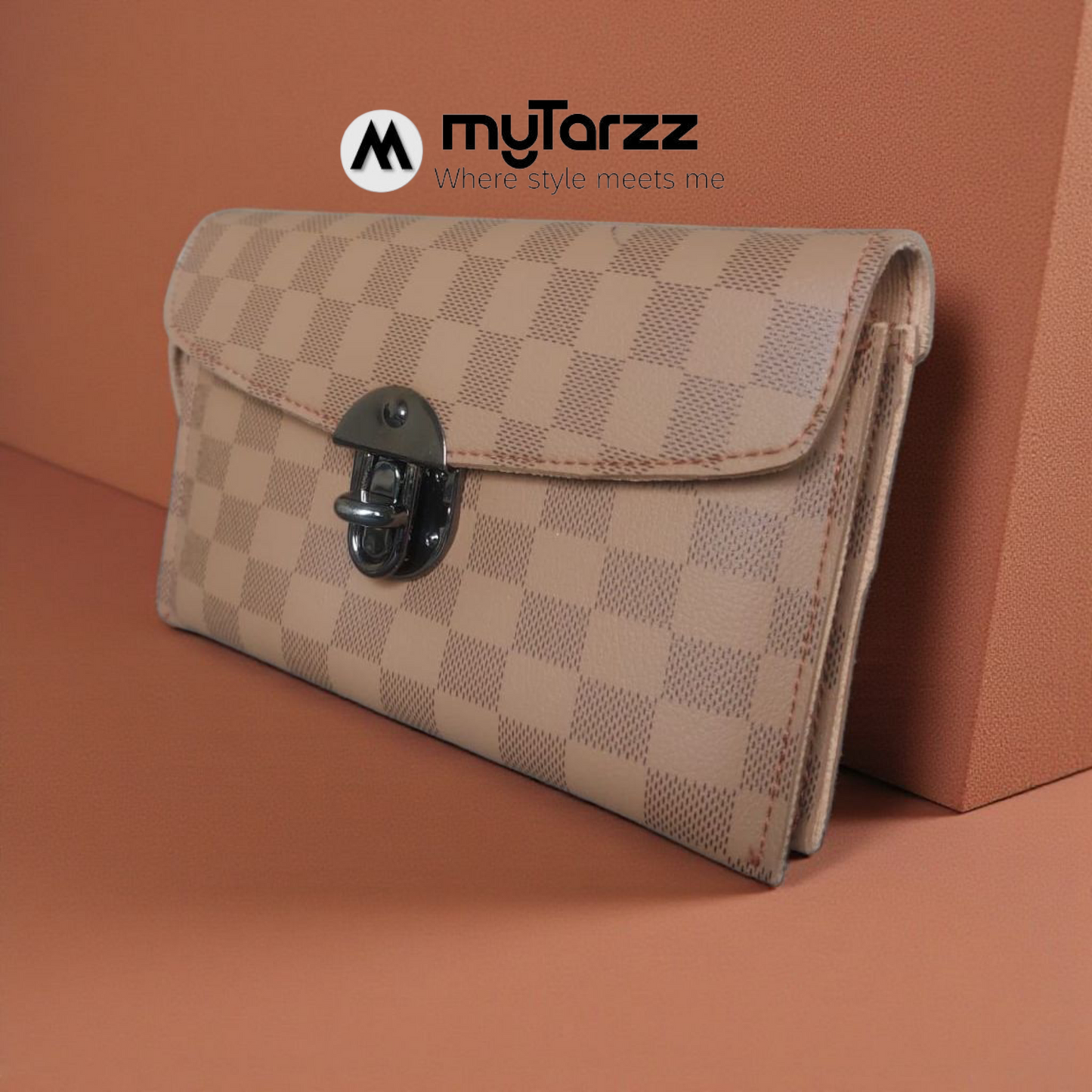 MyTarzz Checkered Clasp Clutch Wallet - Beige/Tan