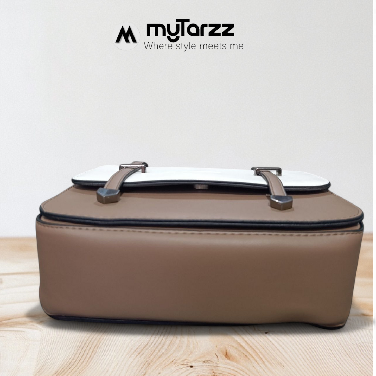 Two-Tone White and Taupe Faux Leather Satchel - Imported