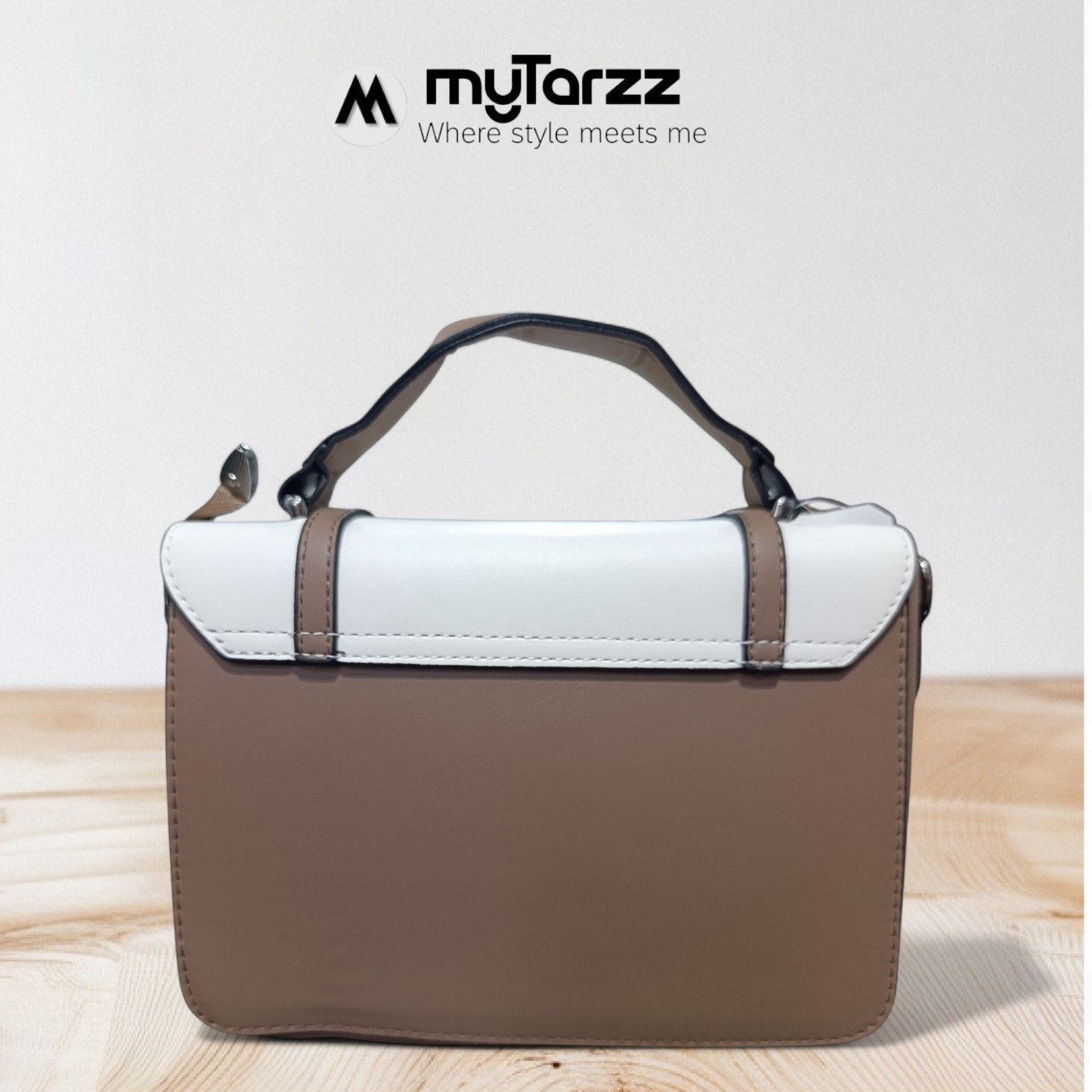 Two-Tone White and Taupe Faux Leather Satchel - Imported