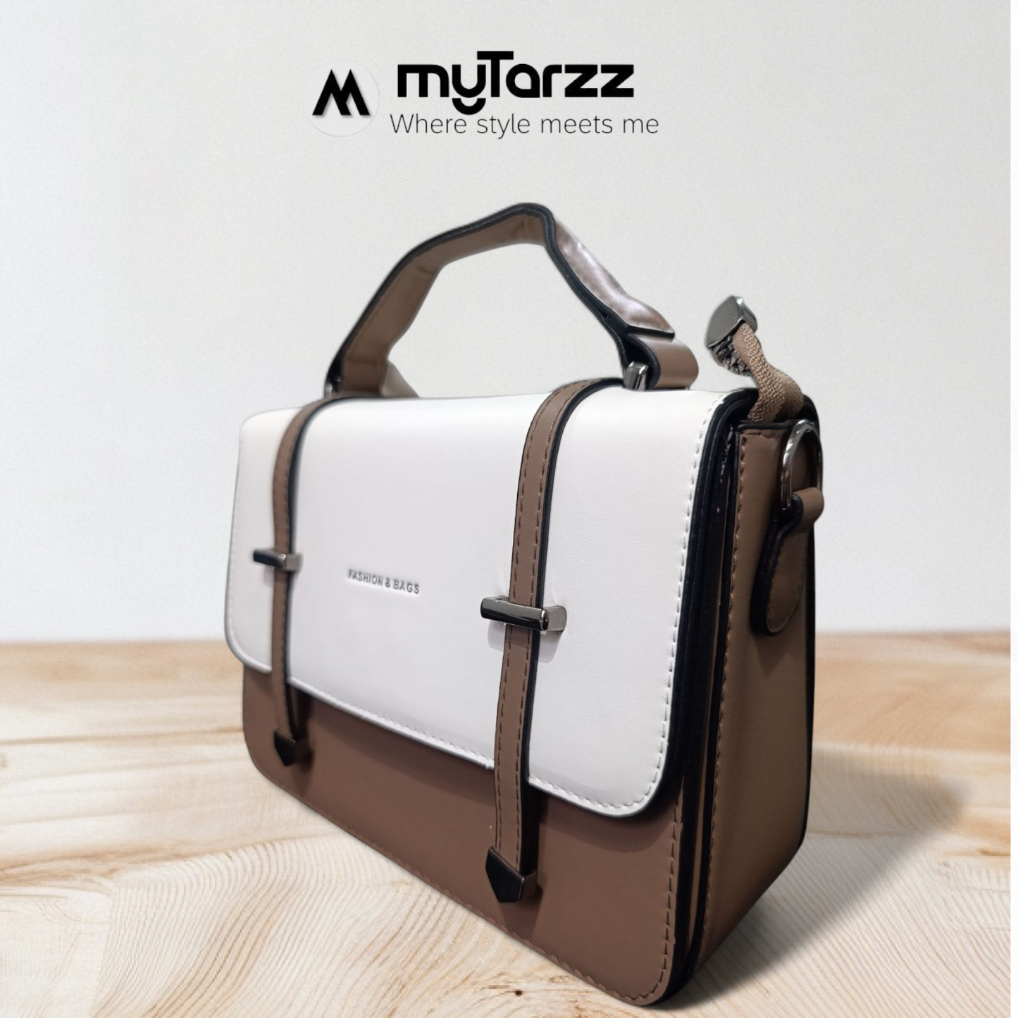 Two-Tone White and Taupe Faux Leather Satchel - Imported