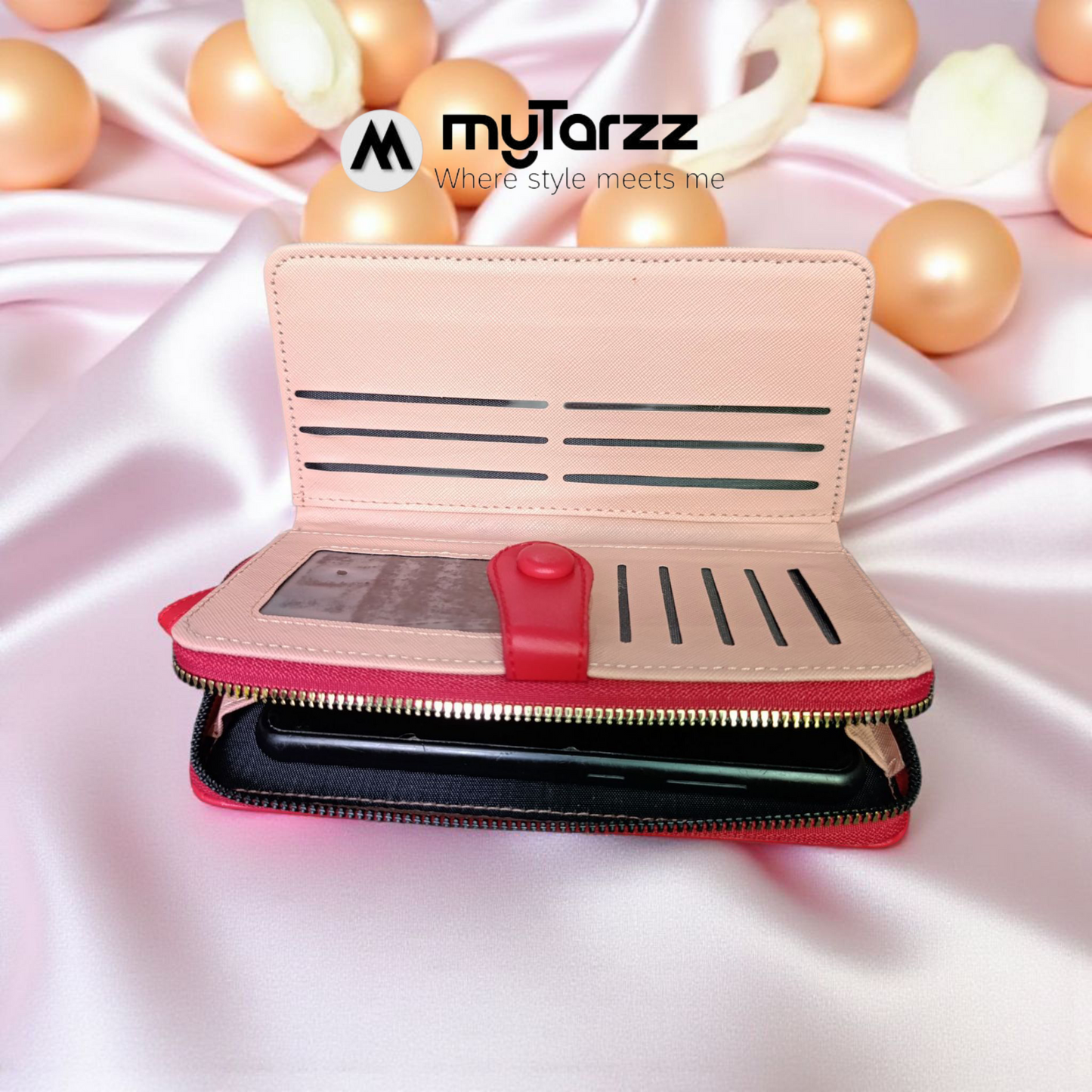 Plaid Continental Zip Wallet with Contrast Trim - Pink