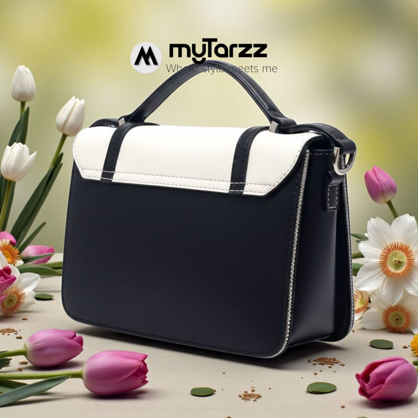 Two-Tone White and Black Faux Leather Satchel - Imported