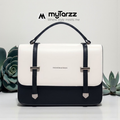 Two-Tone White and Black Faux Leather Satchel - Imported
