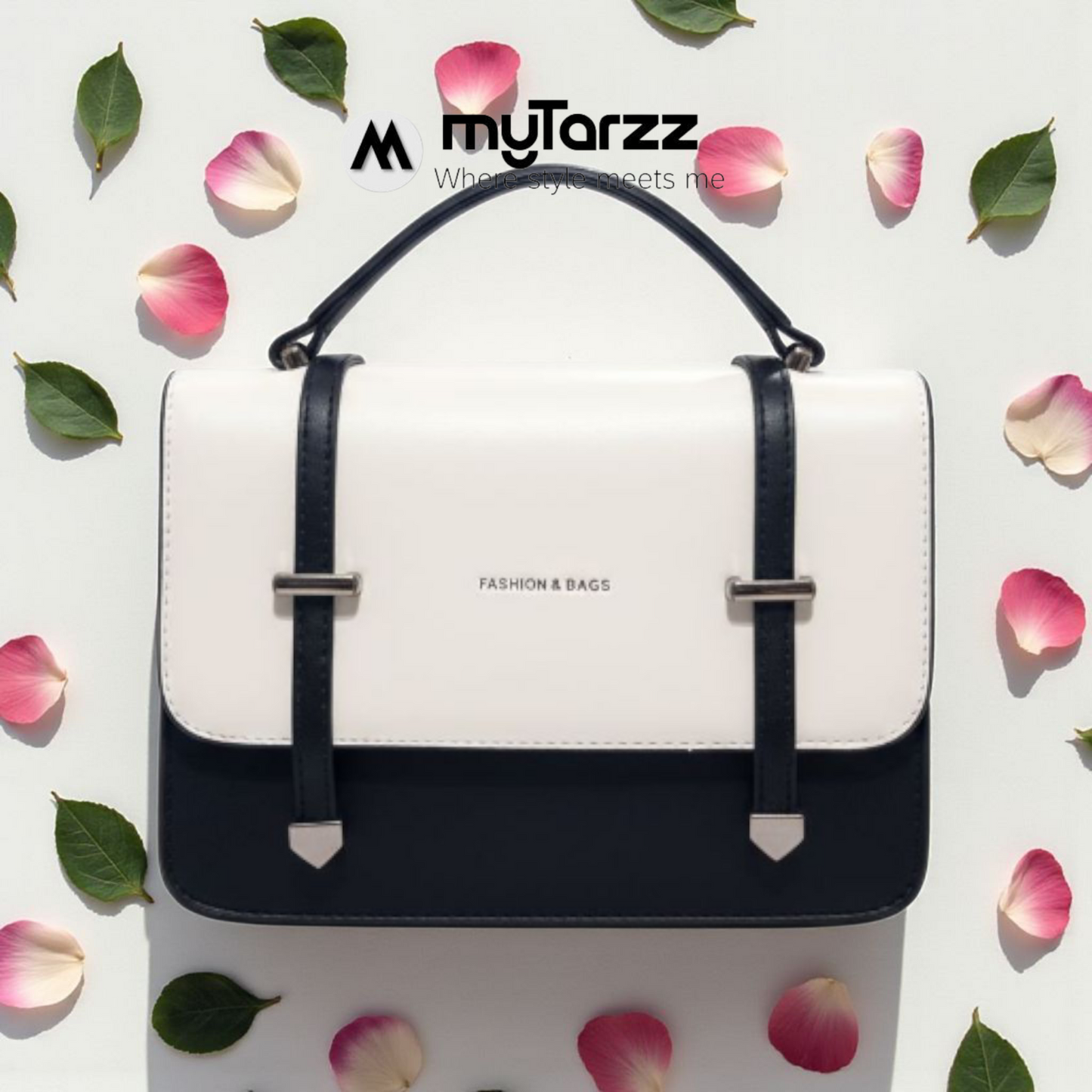 Two-Tone White and Black Faux Leather Satchel - Imported
