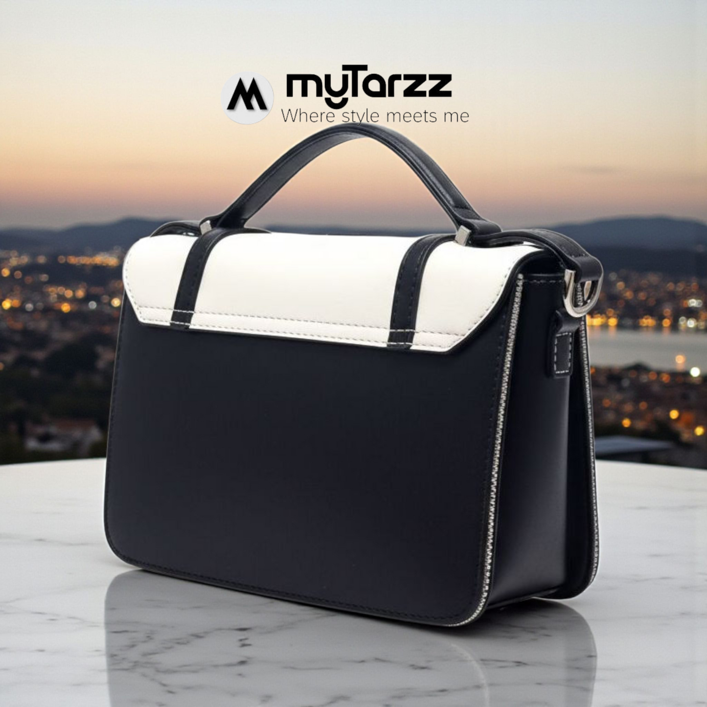 Two-Tone White and Black Faux Leather Satchel - Imported