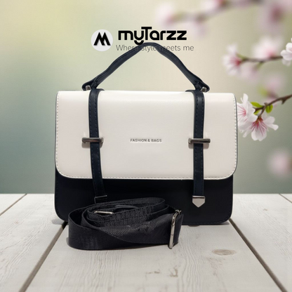 Two-Tone White and Black Faux Leather Satchel - Imported