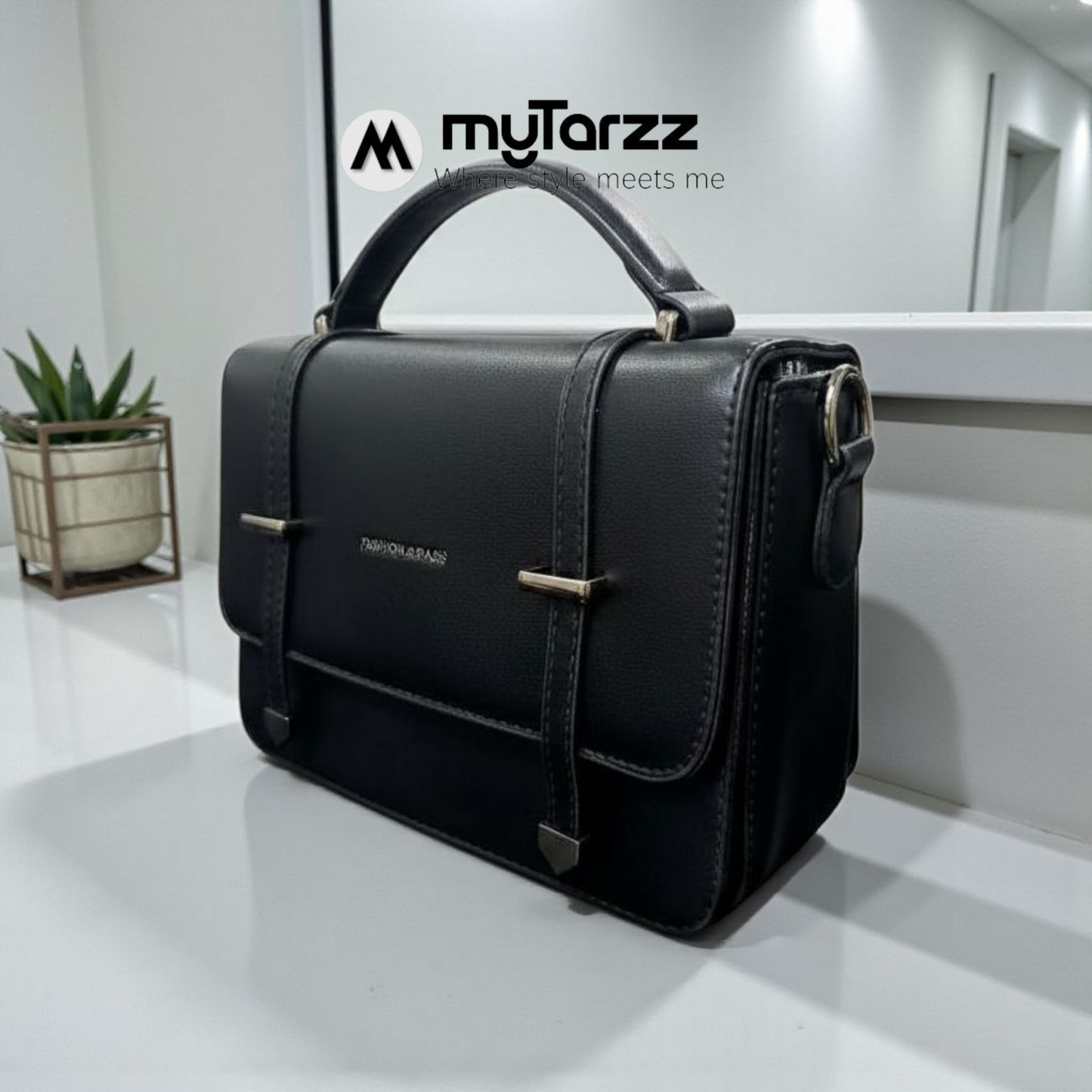 Classic Black Faux Leather Satchel - Imported