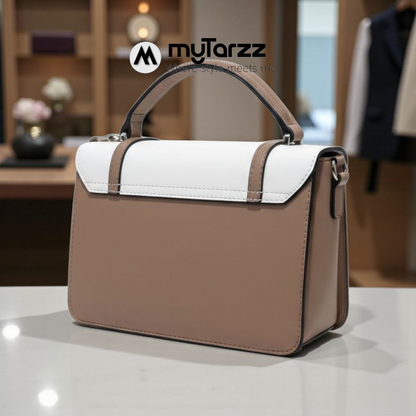 Two-Tone White and Taupe Faux Leather Satchel - Imported