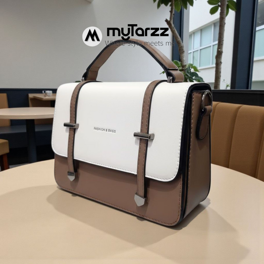 Two-Tone White and Taupe Faux Leather Satchel - Imported
