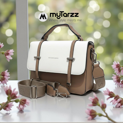 Two-Tone White and Taupe Faux Leather Satchel - Imported