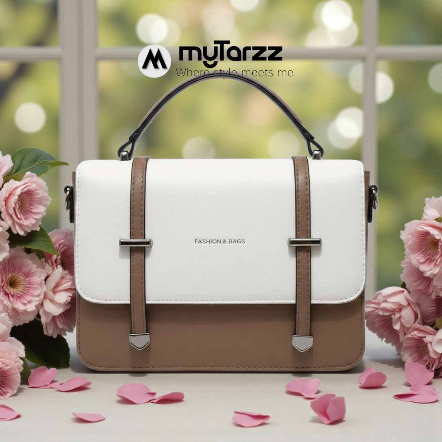 Two-Tone White and Taupe Faux Leather Satchel - Imported