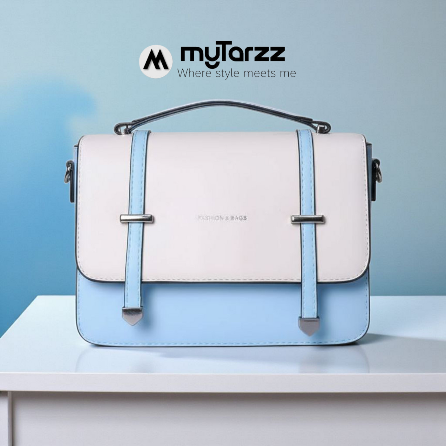 Two-Tone Pastel White and Blue Faux Leather Satchel - Imported