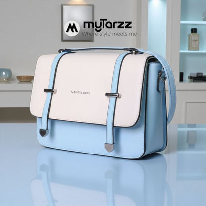 Two-Tone Pastel White and Blue Faux Leather Satchel - Imported
