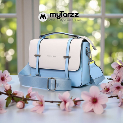 Two-Tone Pastel White and Blue Faux Leather Satchel - Imported