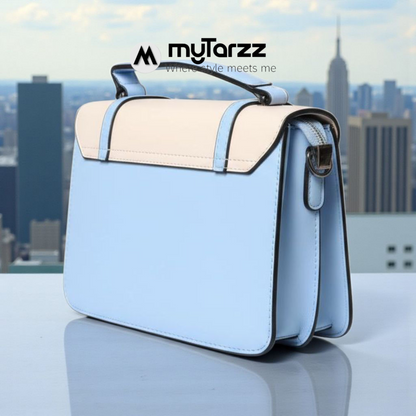 Two-Tone Pastel White and Blue Faux Leather Satchel - Imported