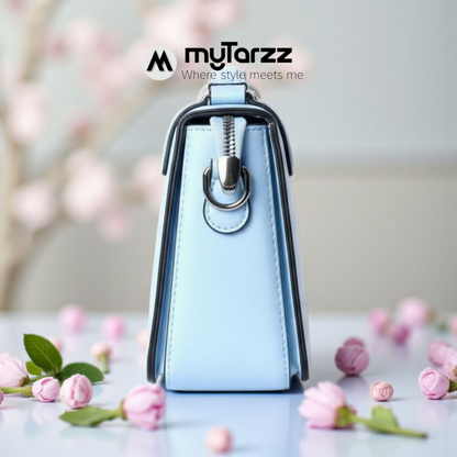 Two-Tone Pastel White and Blue Faux Leather Satchel - Imported