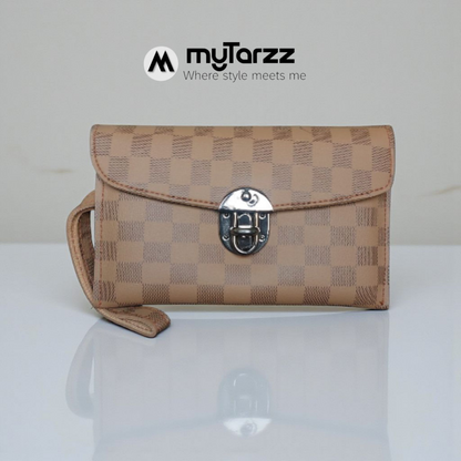MyTarzz Checkered Clasp Clutch Wallet - Beige/Tan