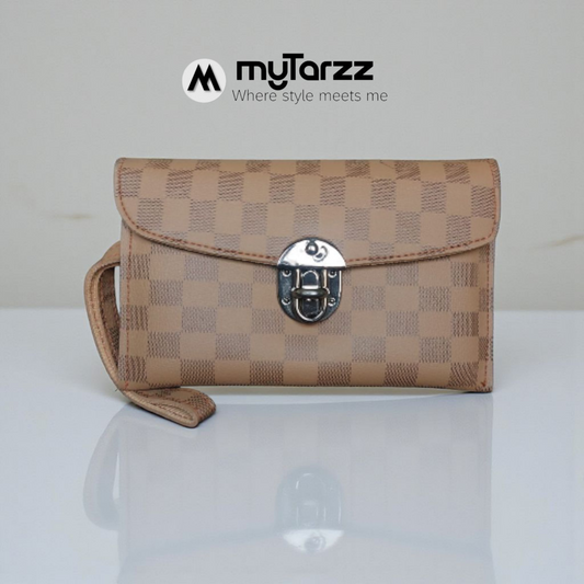 MyTarzz Checkered Clasp Clutch Wallet - Beige/Tan
