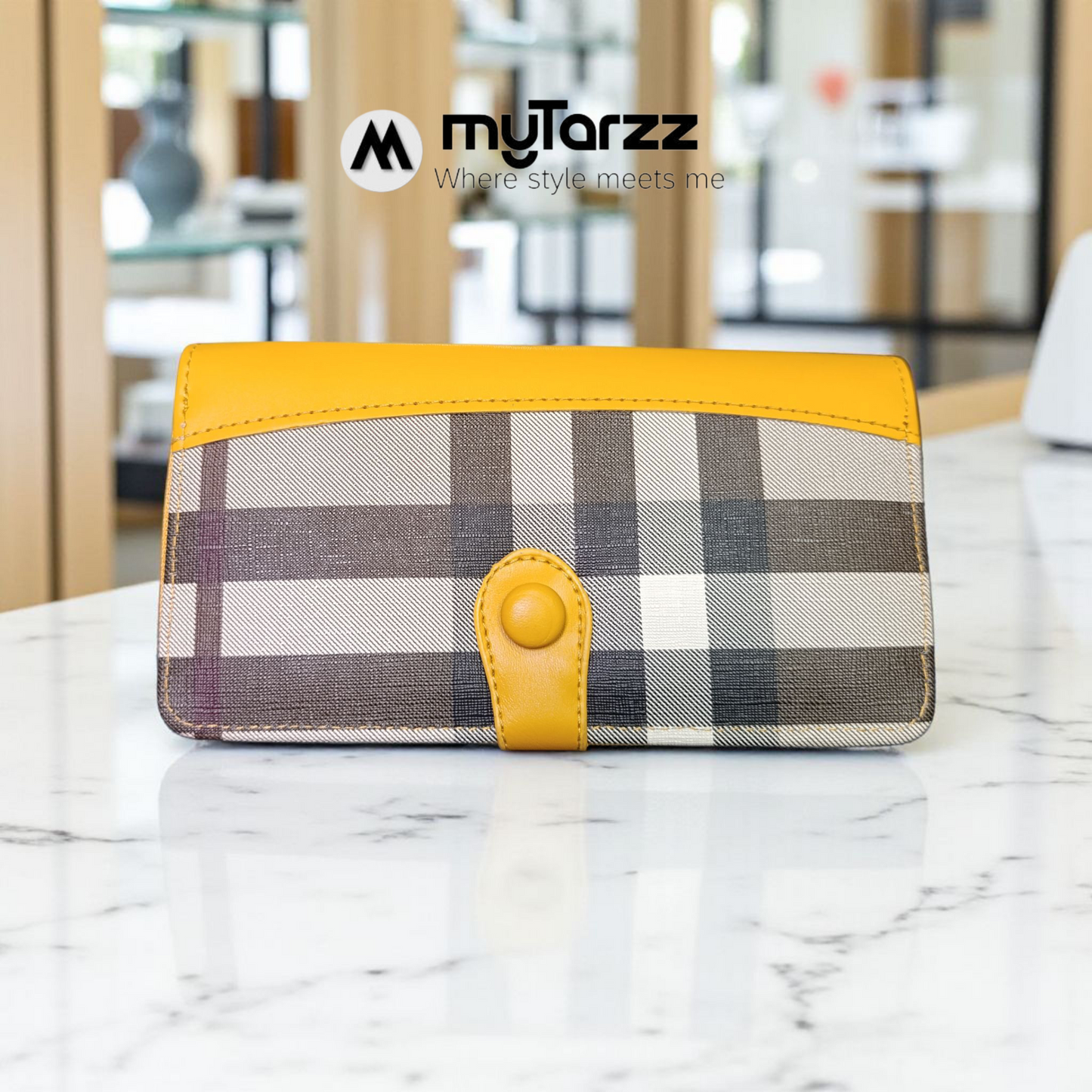 Plaid Continental Zip Wallet with Contrast Trim - Yellow