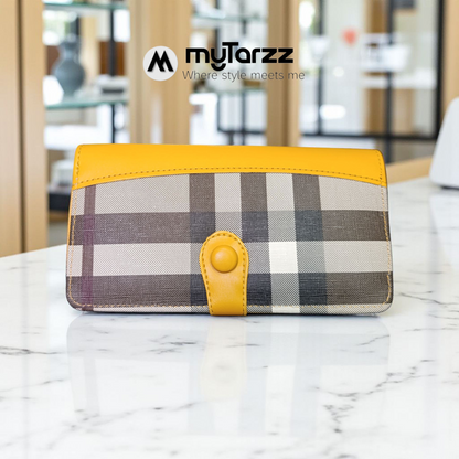 Plaid Continental Zip Wallet with Contrast Trim - Yellow