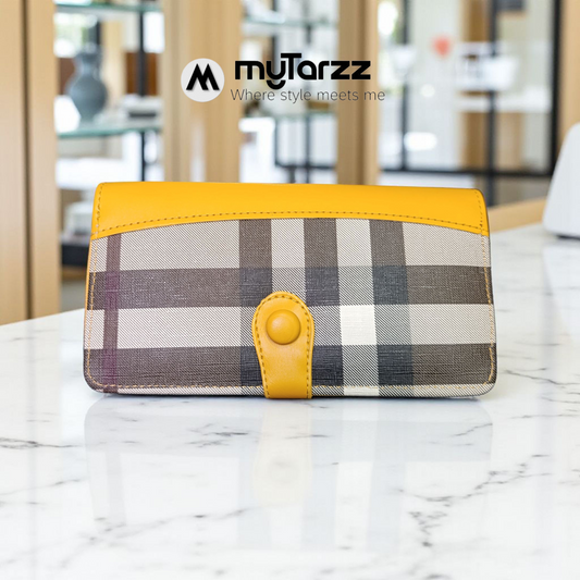 Plaid Continental Zip Wallet with Contrast Trim - Yellow