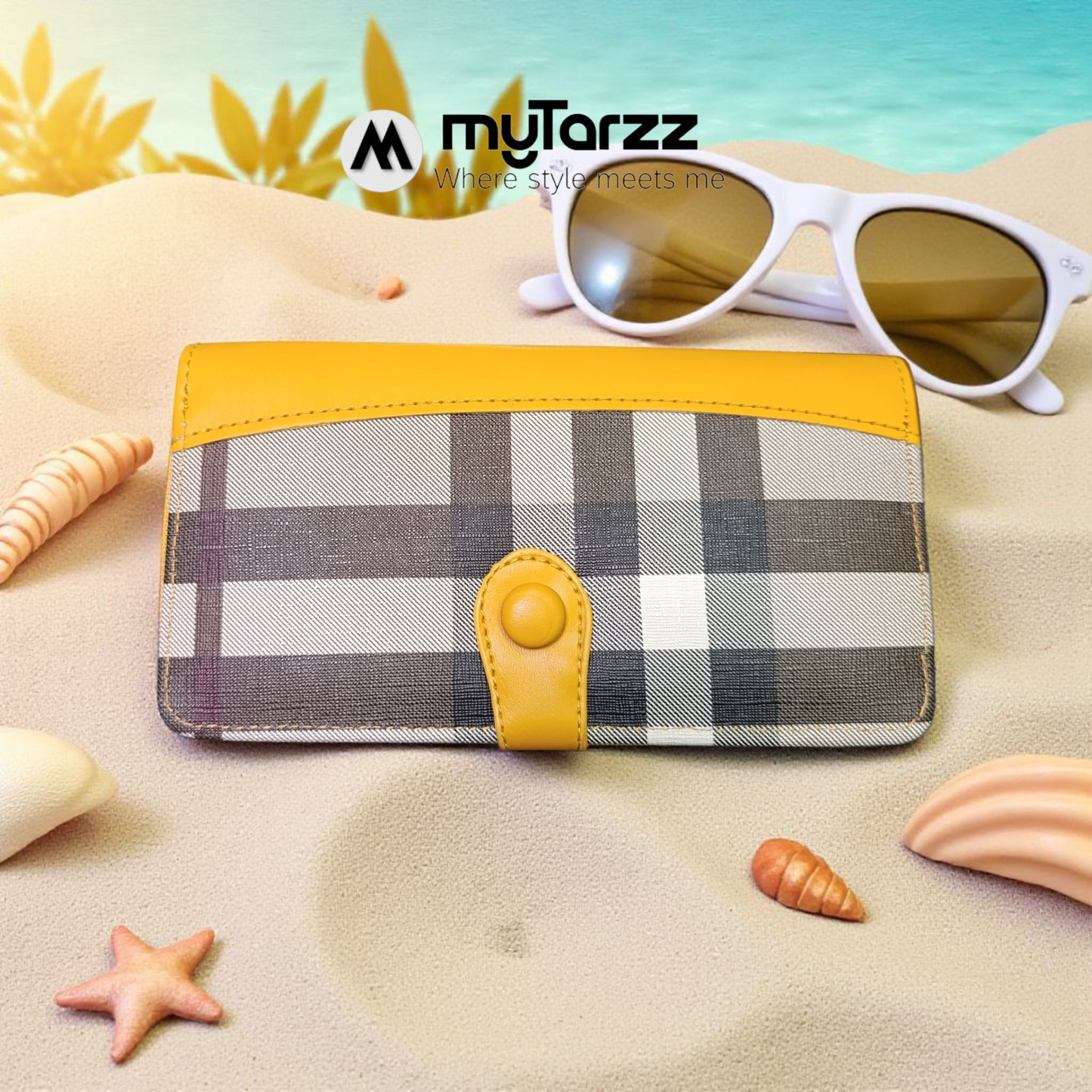 Plaid Continental Zip Wallet with Contrast Trim - Yellow