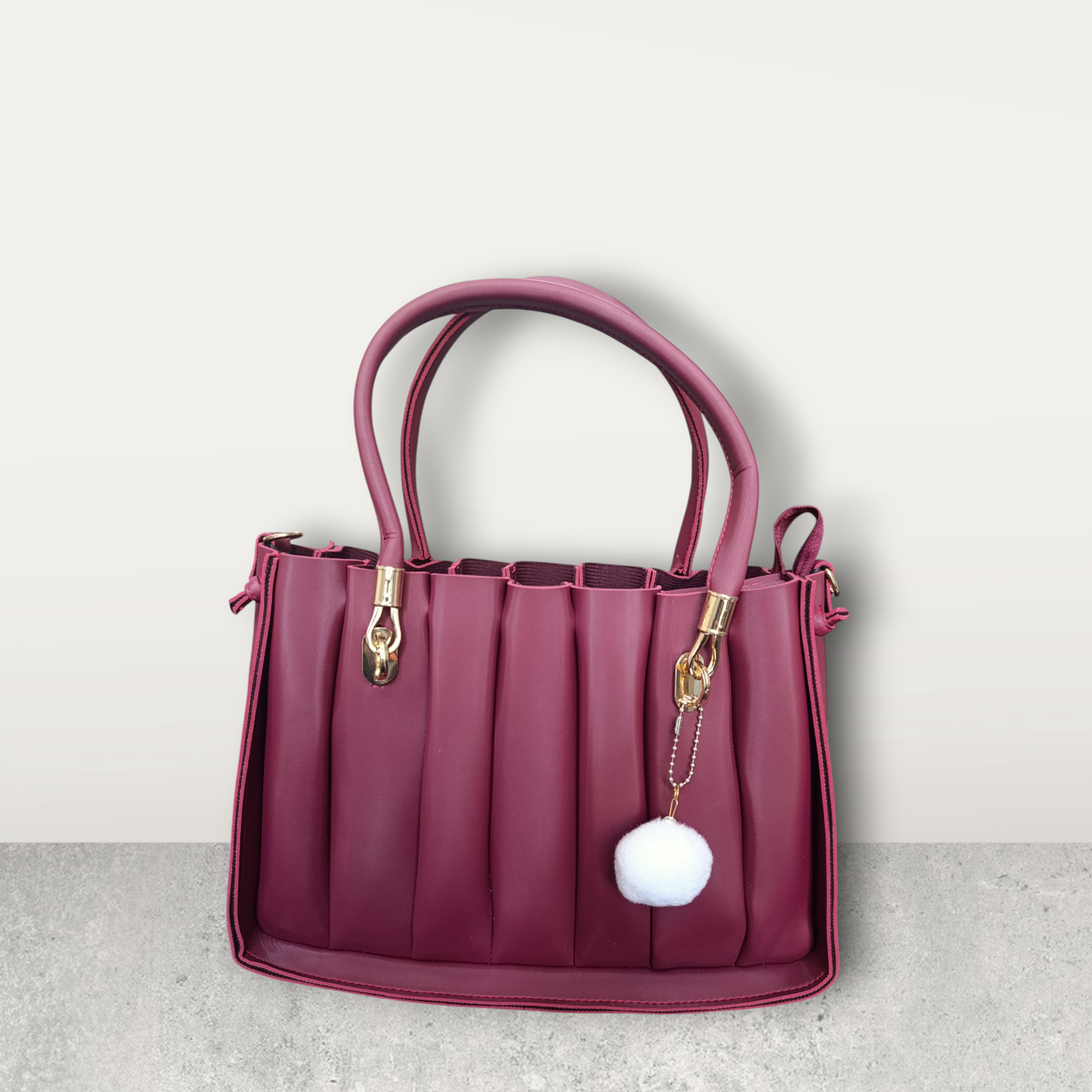 Pleated Burgundy Tote with Pom Pom Charm