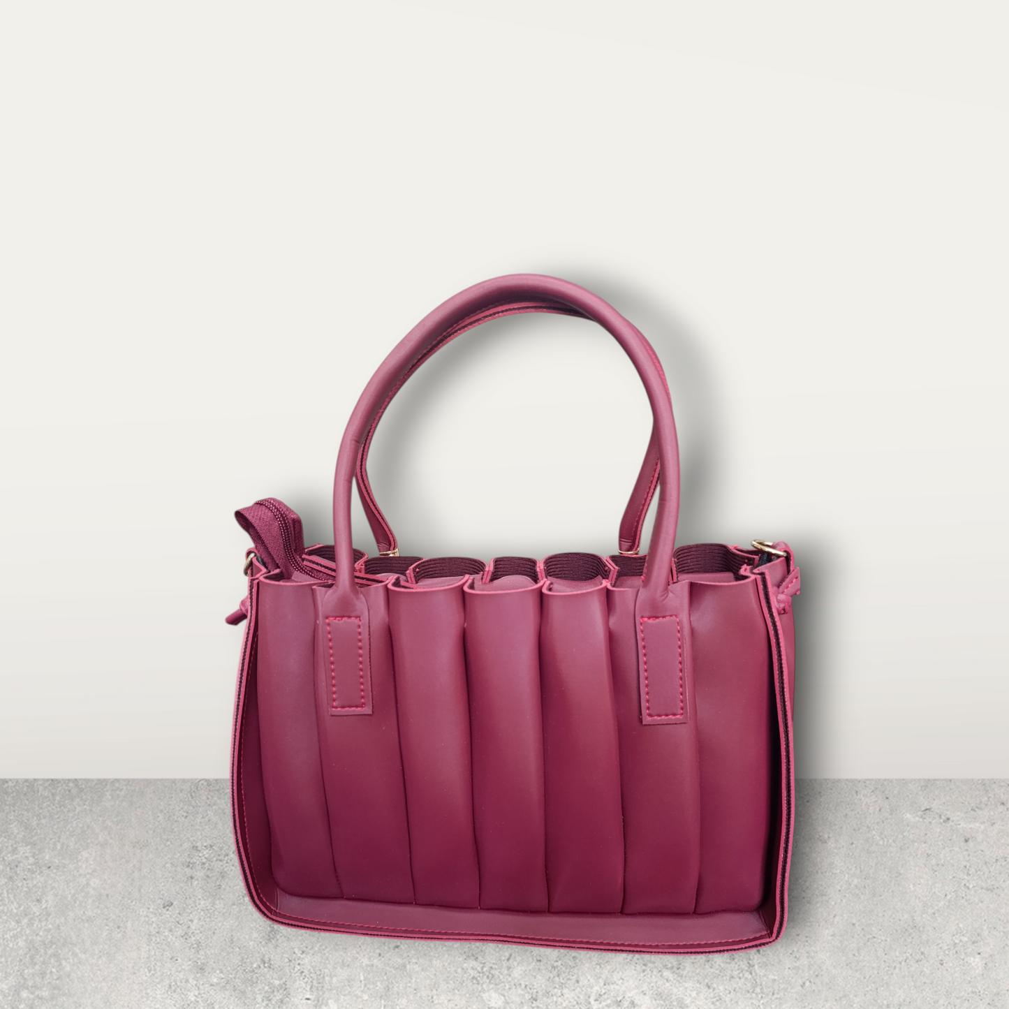 Pleated Burgundy Tote with Pom Pom Charm