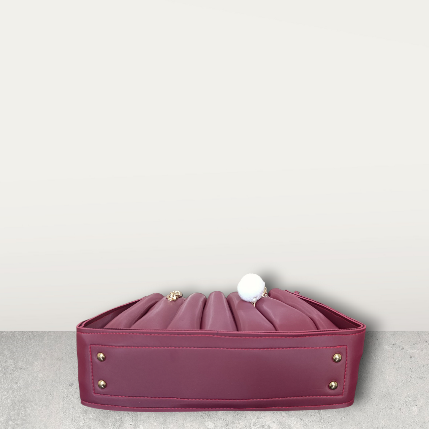 Pleated Burgundy Tote with Pom Pom Charm