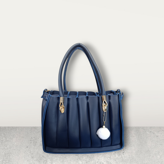 Pleated Midnight Blue Tote with Pom Pom Charm