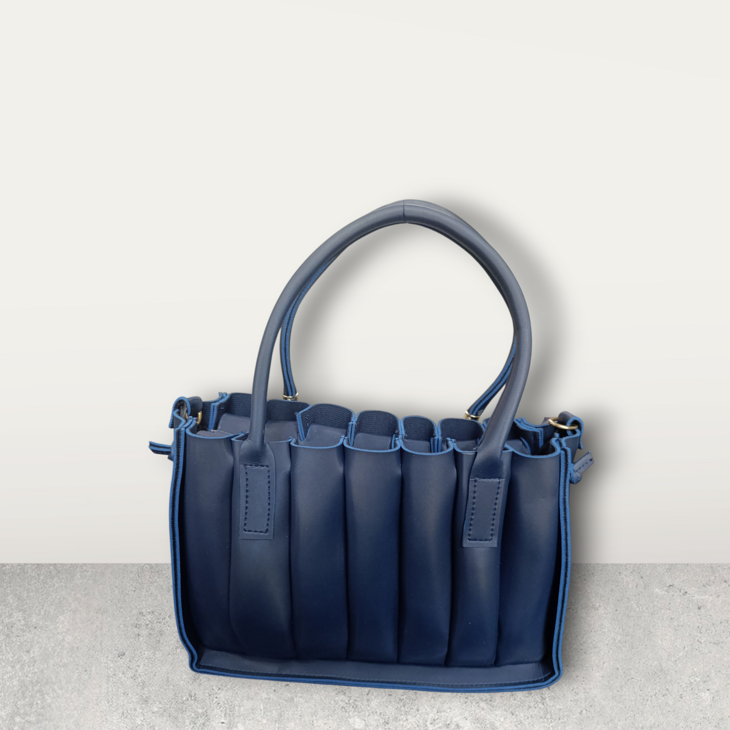Pleated Midnight Blue Tote with Pom Pom Charm