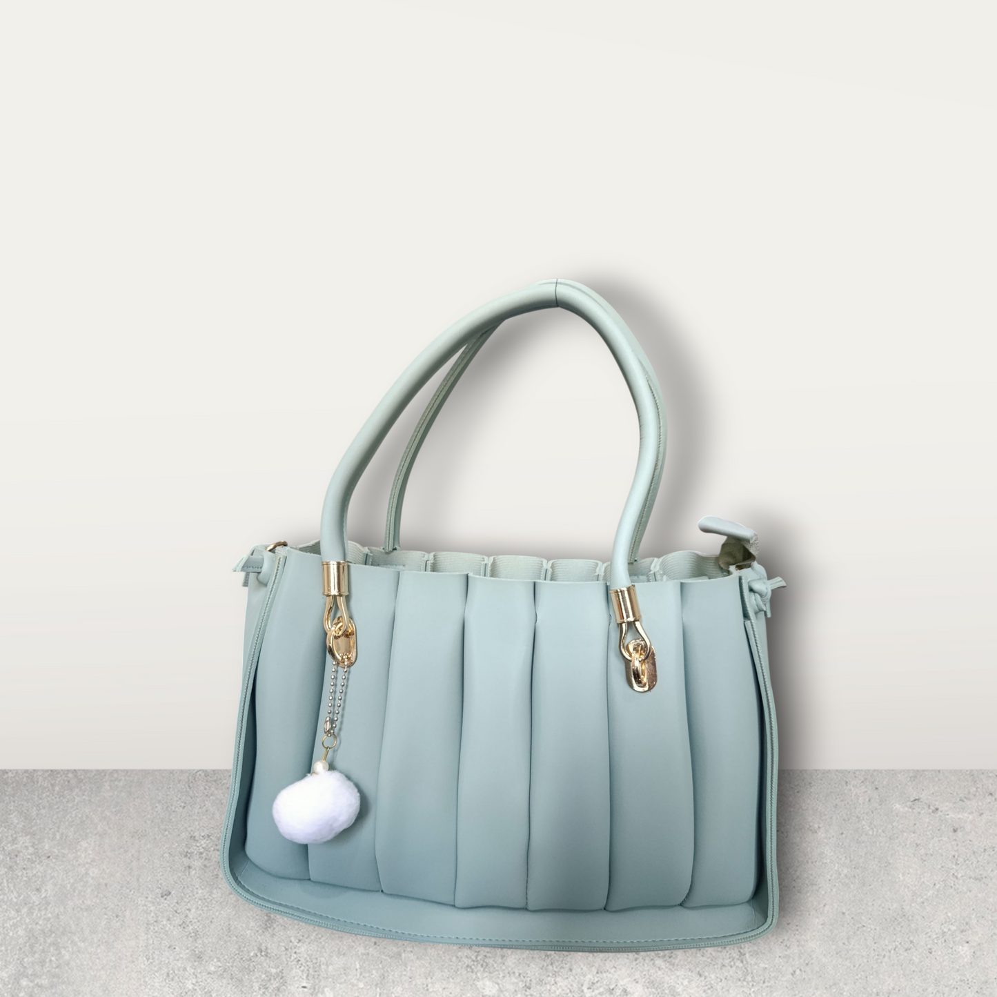 Pleated Pastel Aqua Tote with Pom Pom Charm