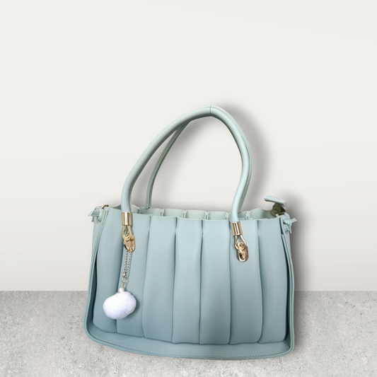 Pleated Pastel Aqua Tote with Pom Pom Charm