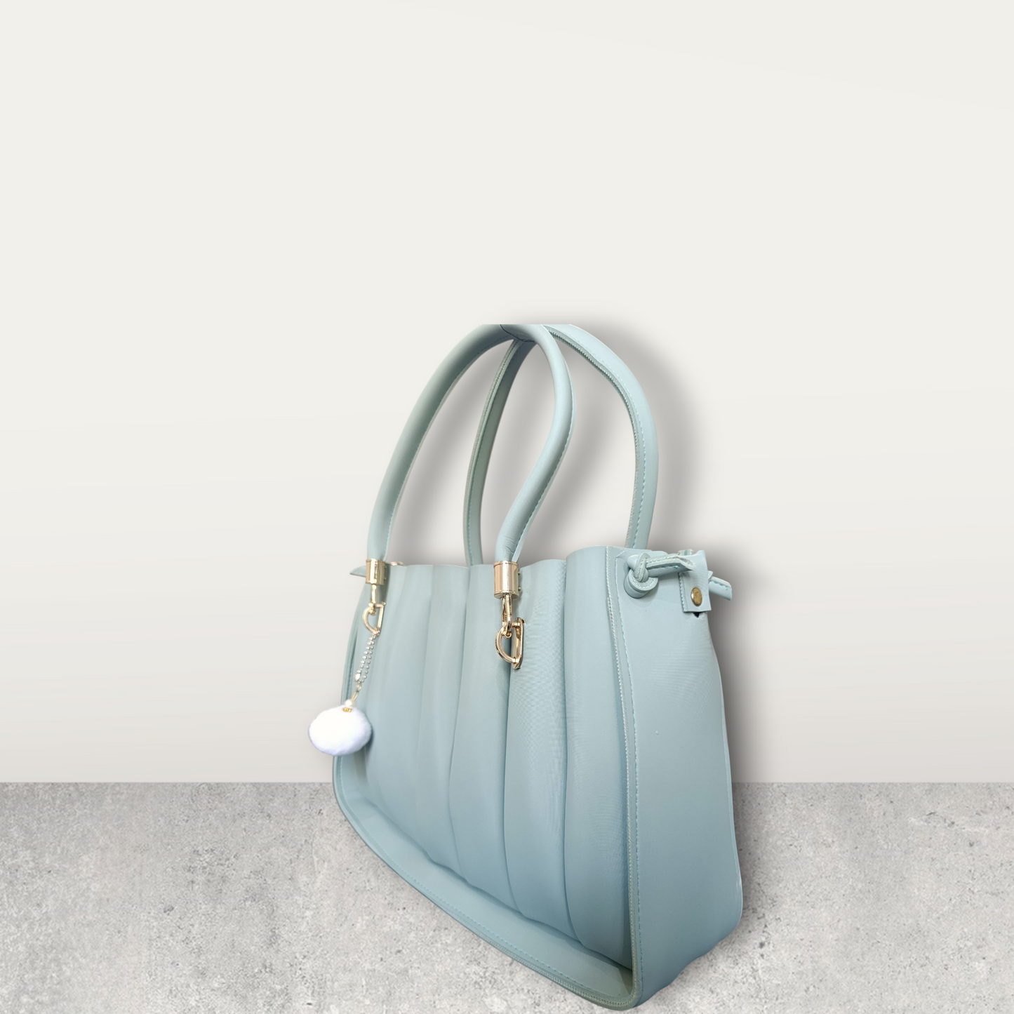 Pleated Pastel Aqua Tote with Pom Pom Charm