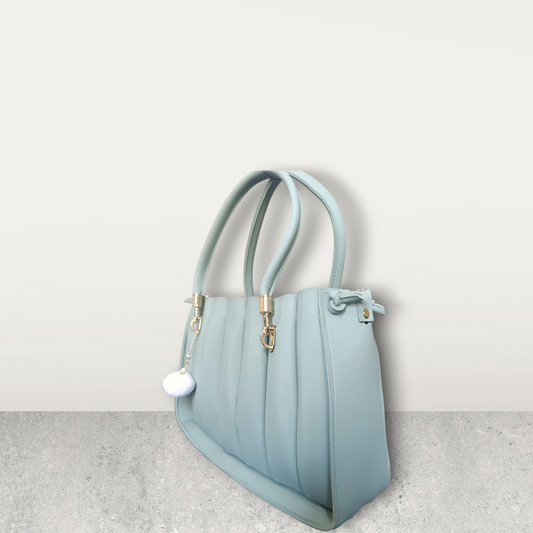 Pleated Pastel Aqua Tote with Pom Pom Charm
