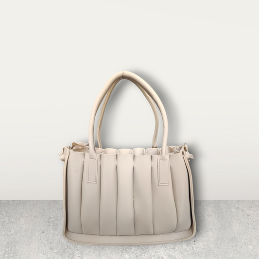Pleated Cream Tote with Pom Pom Charm