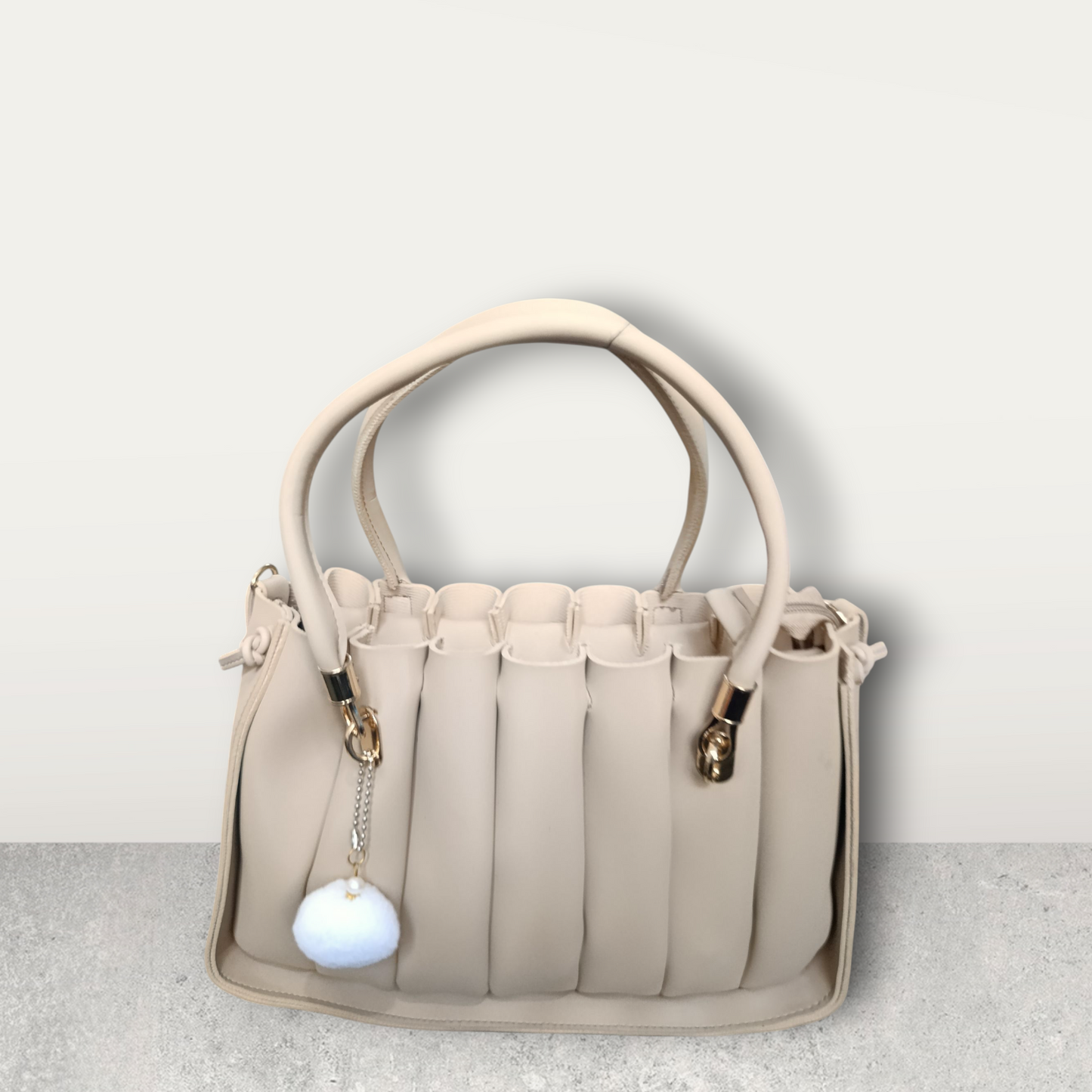 Pleated Cream Tote with Pom Pom Charm