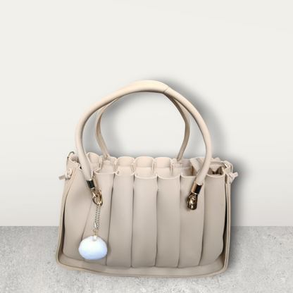 Pleated Cream Tote with Pom Pom Charm