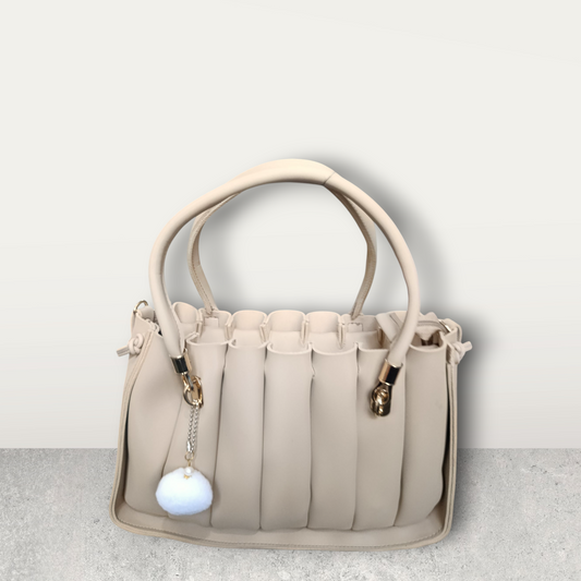 Pleated Cream Tote with Pom Pom Charm