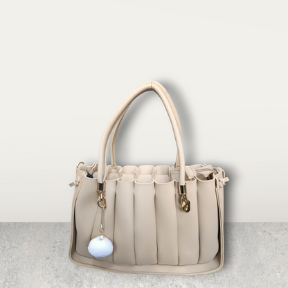 Pleated Cream Tote with Pom Pom Charm