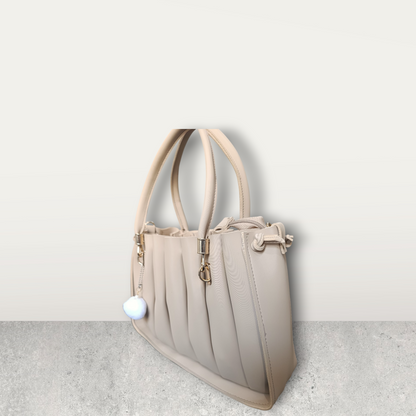Pleated Cream Tote with Pom Pom Charm