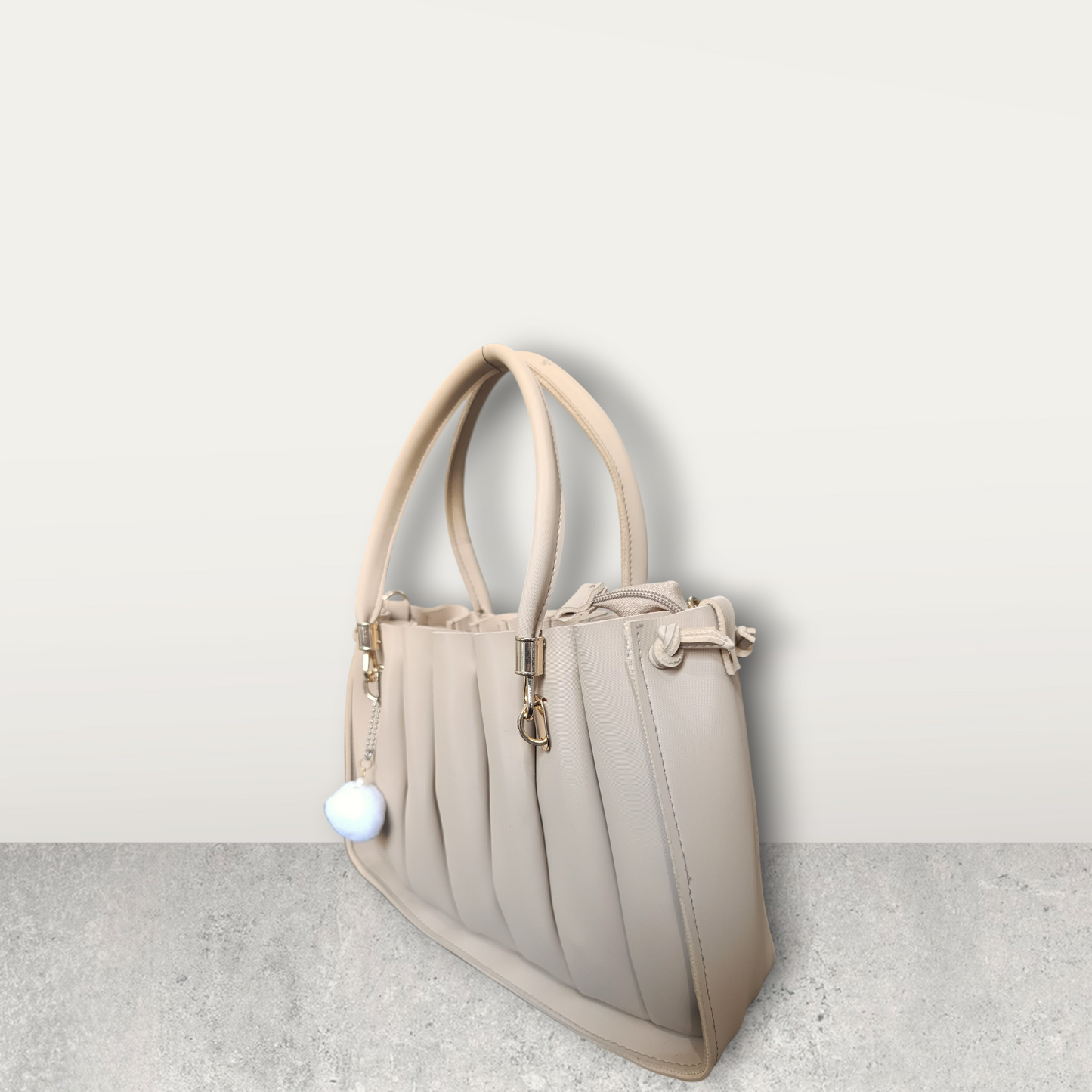 Pleated Cream Tote with Pom Pom Charm