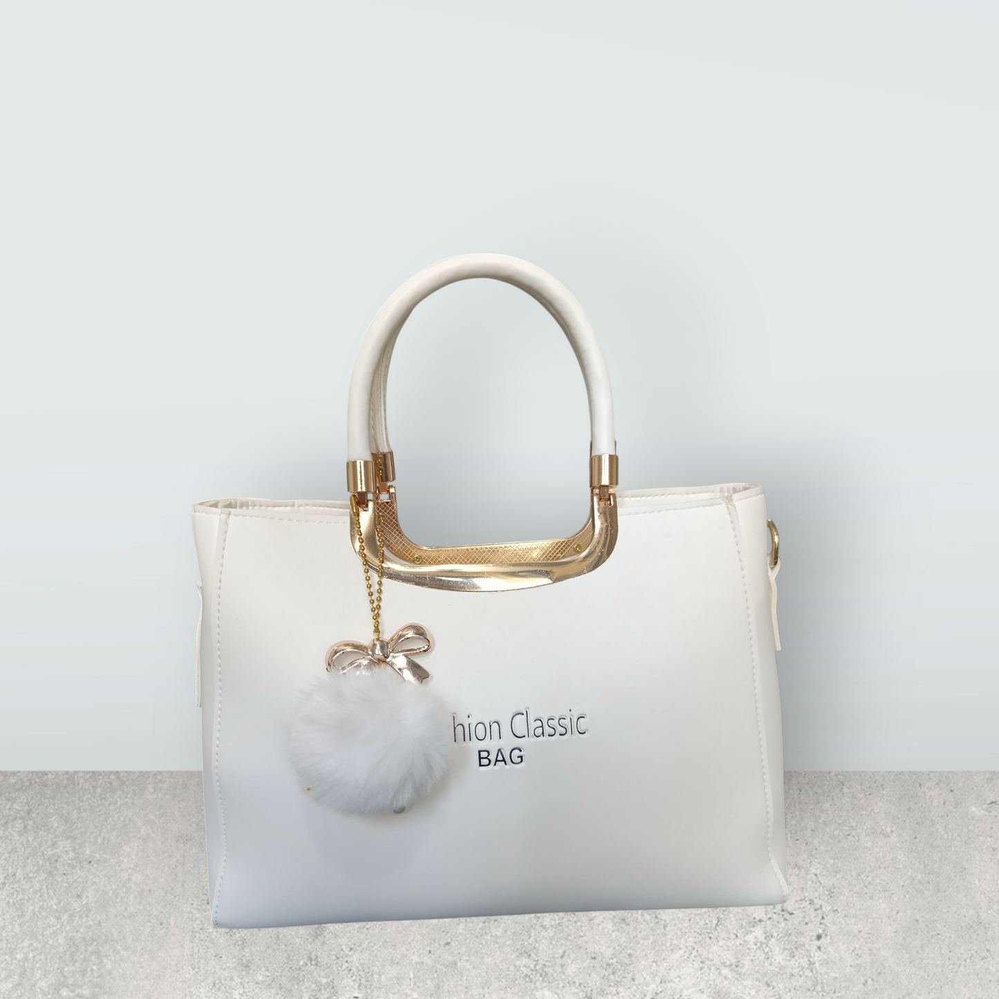 White Faux Leather Tote with Pom Pom Charm