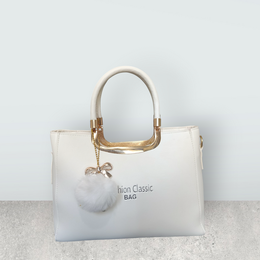 White Faux Leather Tote with Pom Pom Charm