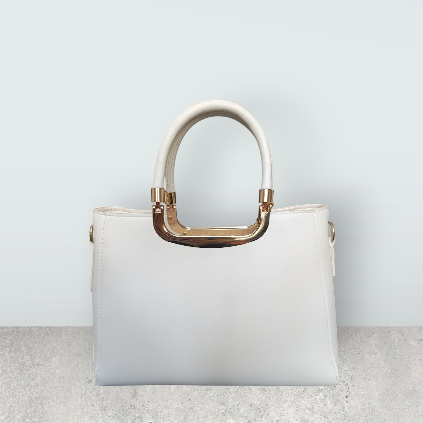 White Faux Leather Tote with Pom Pom Charm