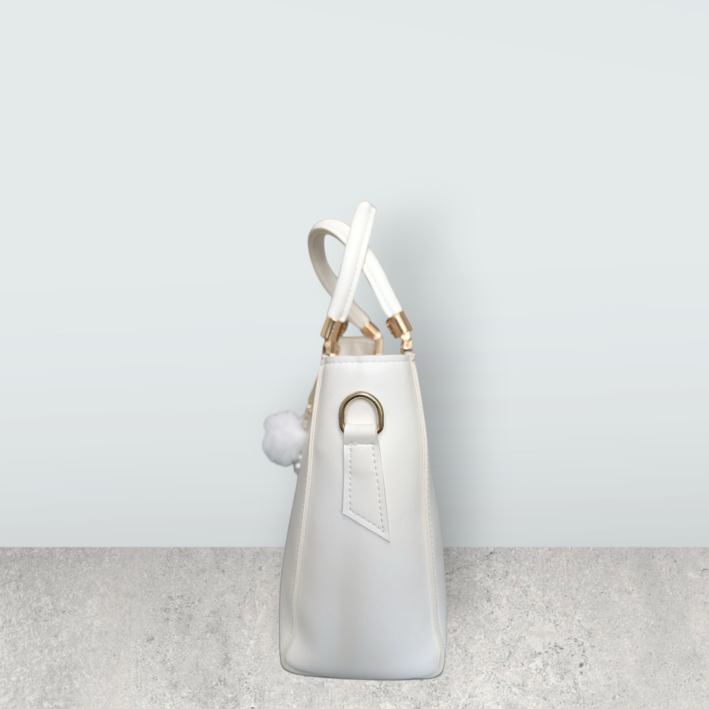 White Faux Leather Tote with Pom Pom Charm