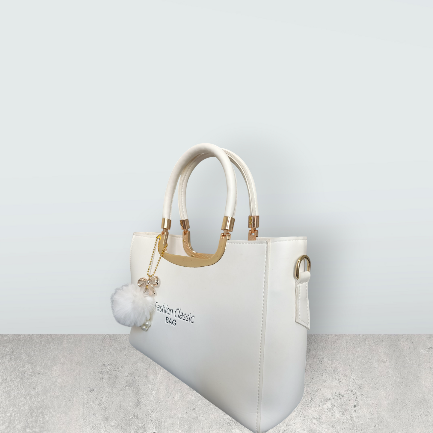 White Faux Leather Tote with Pom Pom Charm