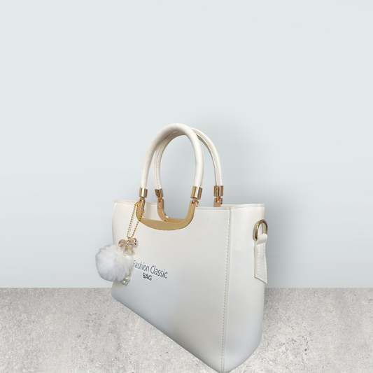 White Faux Leather Tote with Pom Pom Charm