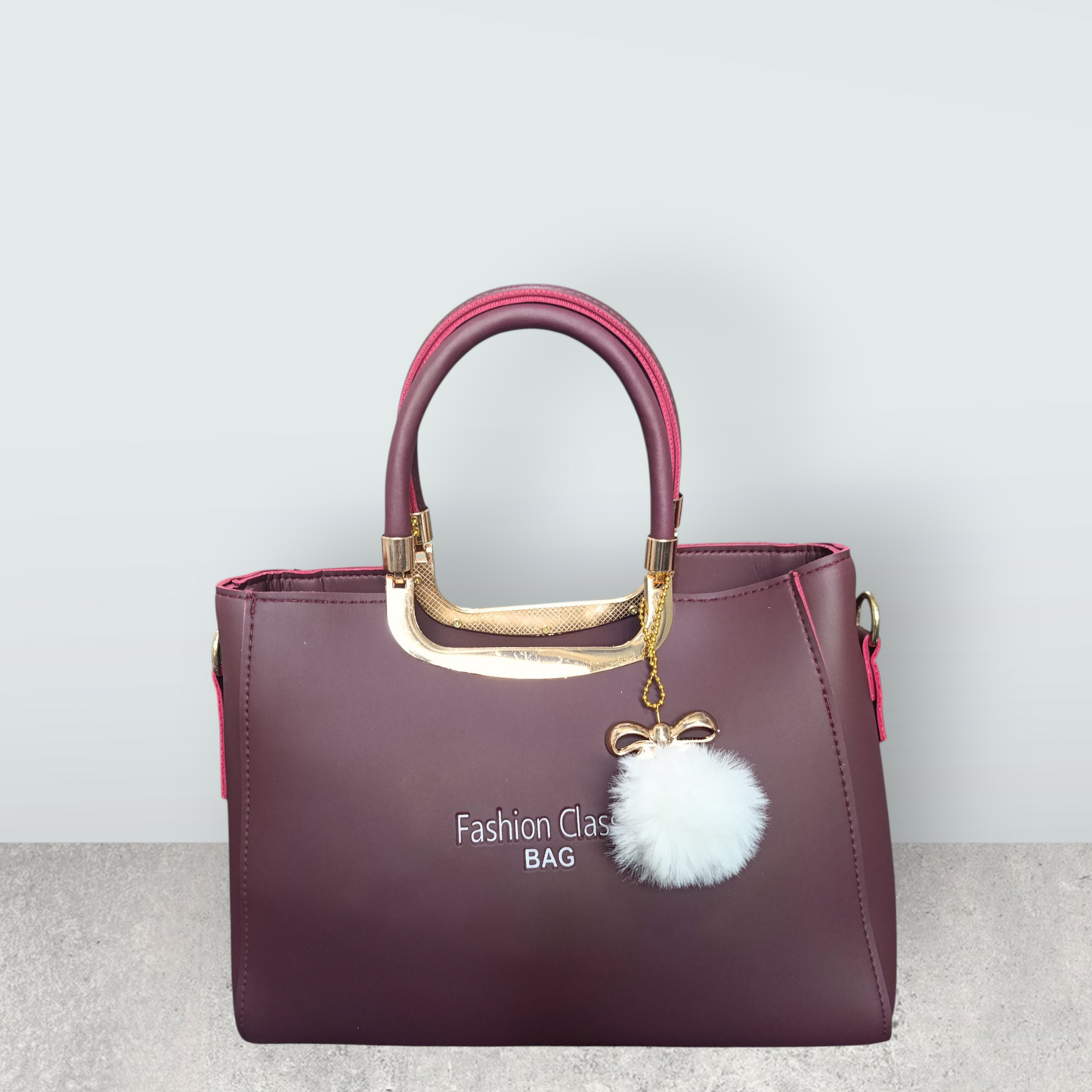 Burgundy Faux Leather Tote with Pom Pom Charm